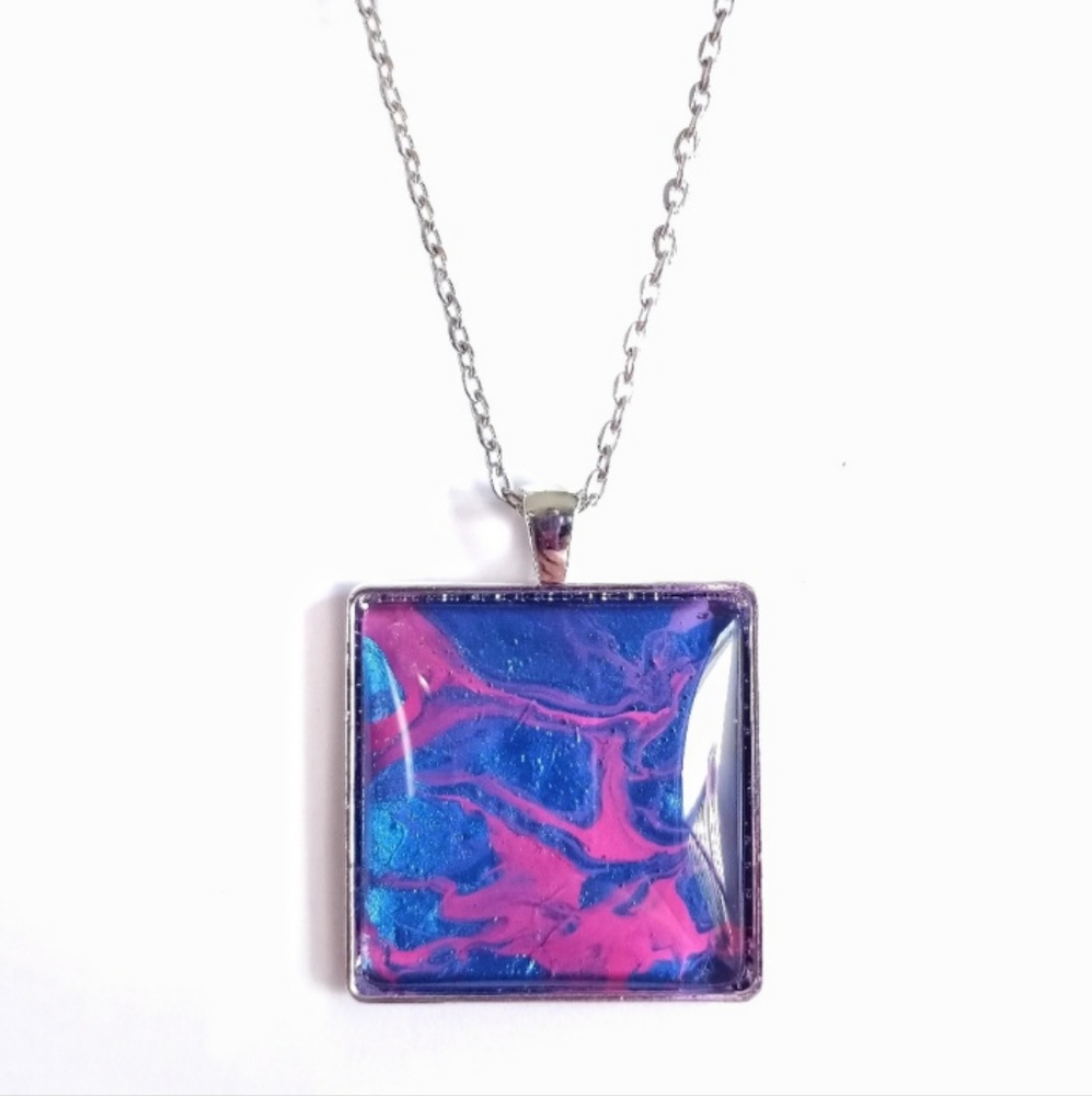 Pink and blue acrylic paint pour necklace and earrings jewelry set NEW - Picture 3 of 5